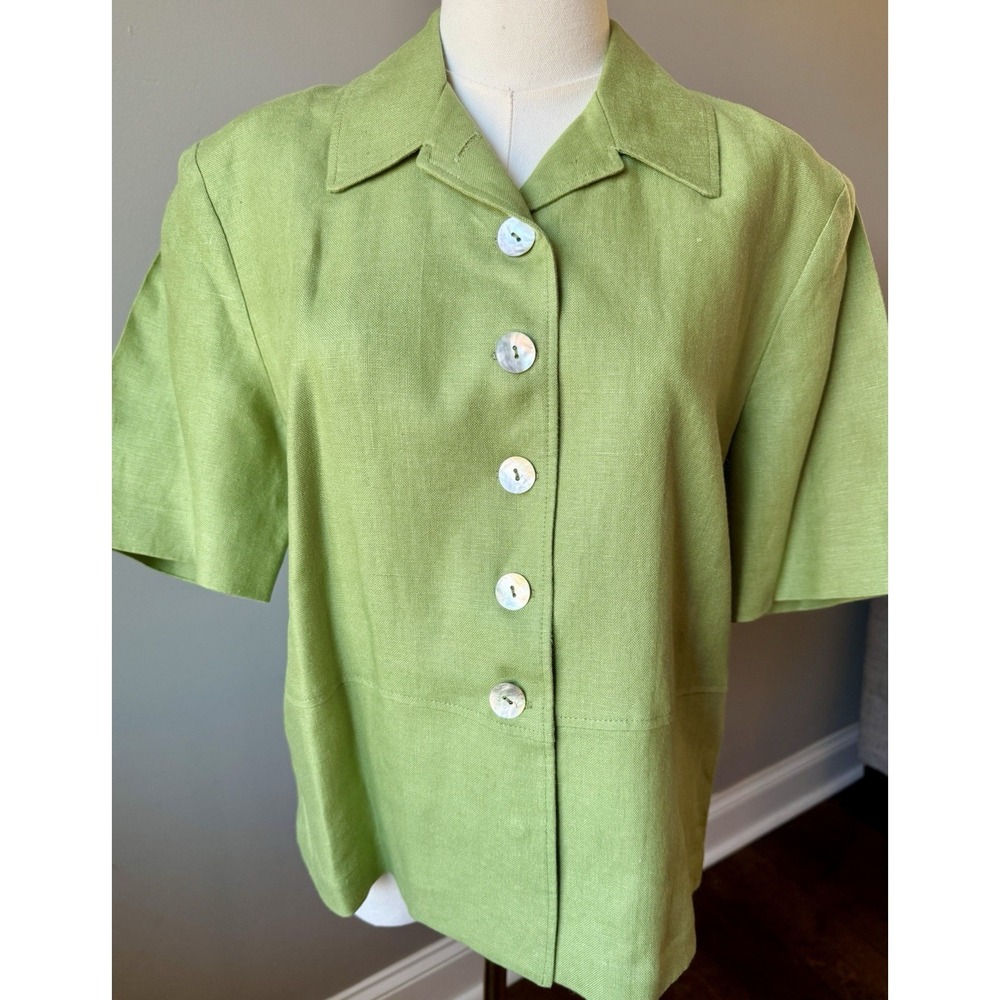 Vintage Vinci Linen Outfit Lime Green Button Front Top Pants Set Size 10 USA